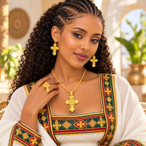 Elegant Ethiopian Cross Necklace, Earrings & Ring Set