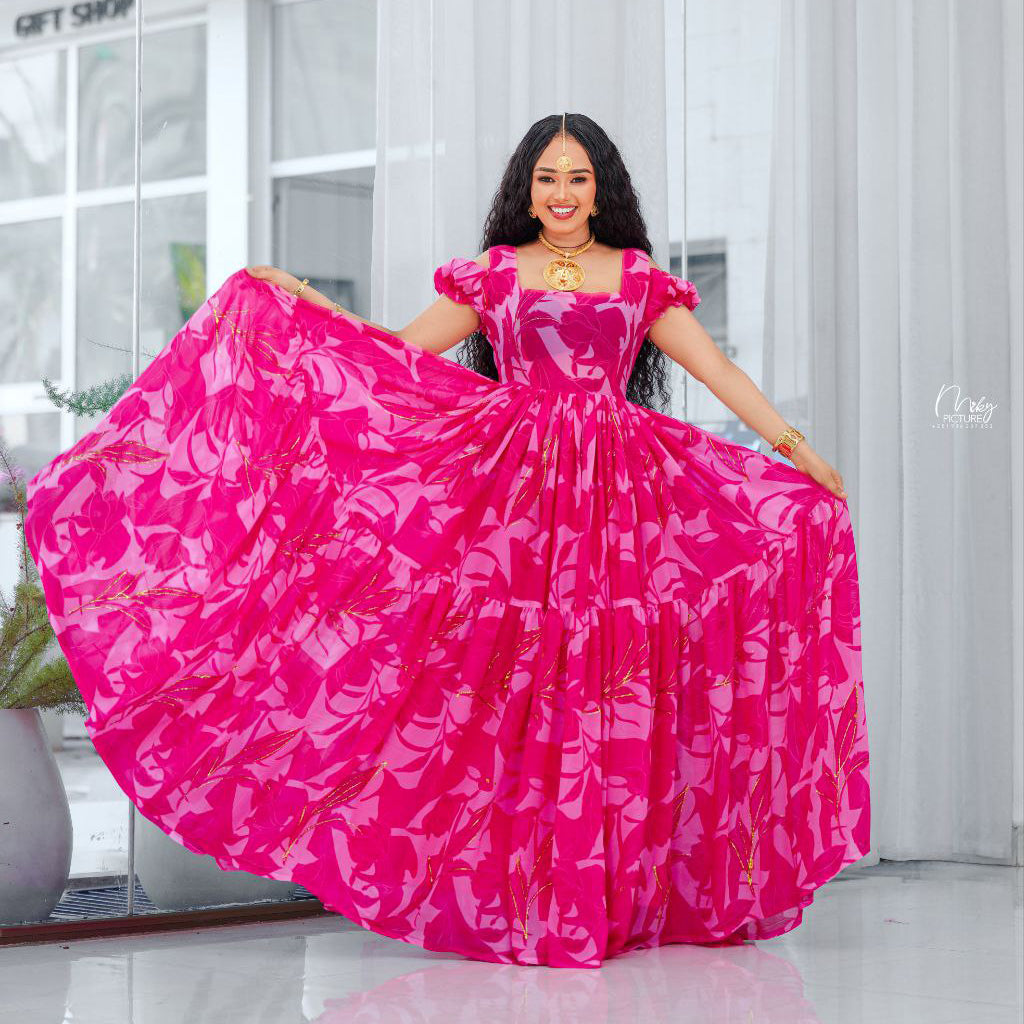 Ethiopian Habesha Chiffon Dress - EthiopianClothing.Net Ethiopian Habesha Chiffon Dress - EthiopianClothing.Net