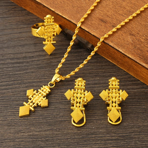 Elegant Ethiopian Cross Necklace, Earrings & Ring Set