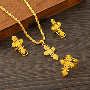 Elegant Ethiopian Cross Necklace, Earrings & Ring Set