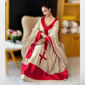 Elegant Cream & Red Ethiopian Kemis