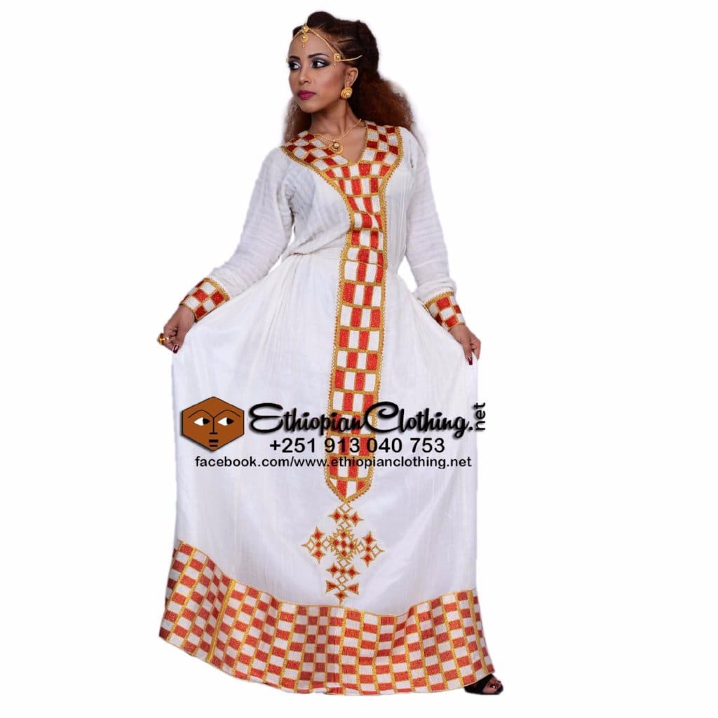 Qey Dama Menen Telf Habessha Dress - Ethiopian Traditional Dress